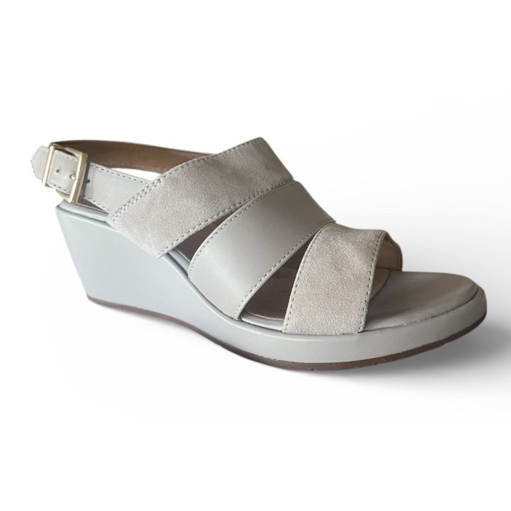 Clarks Un Plaza Go Combi Stone Leather Wedge Sandal‎ Sz 7